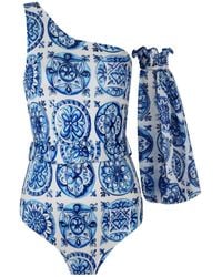 Nur Karaata - Soleil Bleu Blanc One-Shoulder Swimsuit - Lyst