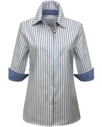 Perlavera - Sam Jeans Stripe Hidden Placket Three Quarter Sleeve Slim Fit Cotton Oxford Shirt - Lyst