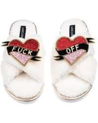 Laines London - Neutrals Laines Neutral Boucle Slippers With Fuck Off Brooches - Lyst
