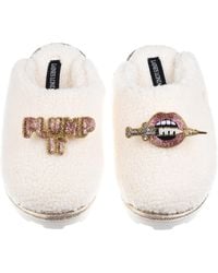 Laines London - Neutrals Teddy Closed Toe Slippers With Plump It Pout Brooches - Lyst