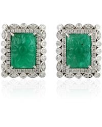 Artisan - Flower Carving Emerald Stud Earrings 18k White Gold Diamond Handmade - Lyst