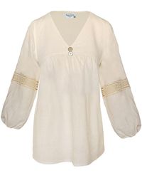 Haris Cotton - Solid Linen Blend Blouse With Ballon Sleeves And Lace - Lyst