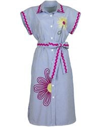 Lalipop Design - Pinstripe Cotton Shirtdress With Flower Embroidery - Lyst