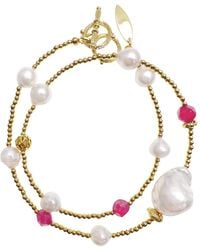 Farra - Baroque Pearls With Pink Gemstones Double Layers Bracelet / Choker - Lyst