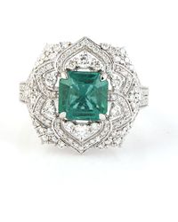 Artisan - Solid 18k White Gold Emerald Gemstone Natural White Diamond Cluster Cocktail Ring - Lyst