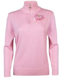 Laines London - Laines Couture Quarter Zip Jumper With Embellished Pink Peony - Lyst