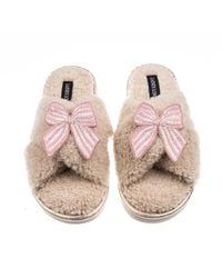Laines London - Neutrals Laines Neutral Boucle Slippers With Stripe Bow Brooches - Lyst