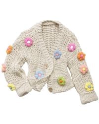 Saachi - Appliqué Knit Floral Blanched Almond Cardigan With Buttons - Lyst