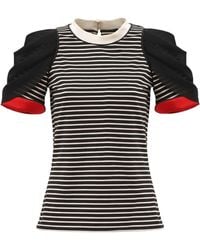 Julia Allert - Striped Knit Blouse With Mesh Puff Sleeves - Lyst