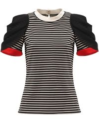 Julia Allert - Striped Knit Blouse With Mesh Puff Sleeves - Lyst