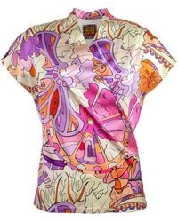 Lalipop Design - Draped Satin Double Breasted Abstract Print Blouse With Knitted Back - Lyst