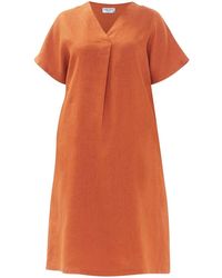 Haris Cotton - Notched Neckline Linen Dress With Batwing Sleeve - Lyst