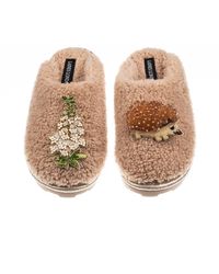 Laines London - Neutrals Teddy Closed Toe Slippers With Hedgehog & Foxglove Brooches - Lyst
