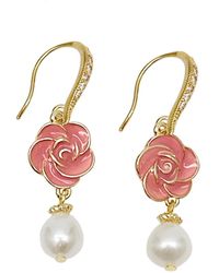 Farra - Timeless Pink Rose With Freshwater Pearls Dangle Earrings - Lyst