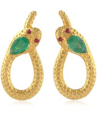Artisan 18k Yellow Gold Snake Dangle Earrings Natural Emerald Ruby Jewellery - Metallic