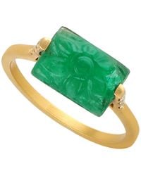 Artisan - Carving Flower Cocktail Ring Emerald Diamond 18k Yellow Gold - Lyst