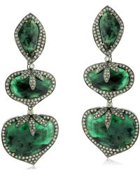 Artisan - Natural Emerald & Diamond In 18k Yellow Gold With Silver Unique Dangle Earrings - Lyst