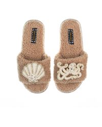 Laines London - Teddy Toweling Slipper Sliders With Beaded Shell & Octopus Brooches - Lyst