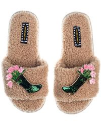 Laines London - Teddy Toweling Slipper Sliders With Double Wellington Boots Brooches - Lyst