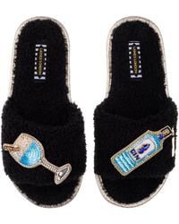 Laines London - Teddy Towelling Slipper Sliders With Blue Sapphire Gin Brooches - Lyst