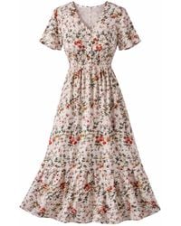 Yumi' - Neutrals Ivory Botanical Print Viscose Midi Dress - Lyst