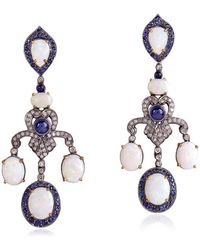 Artisan - Blue Sapphire & Opal Pave Diamond Dangle Earrings With 18k Gold In 925 Sterling Silver Designer - Lyst