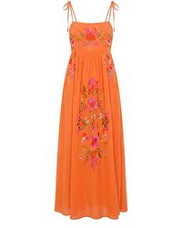Raffya - Furla Smocked Panel Embroidered Midi Dress - Lyst