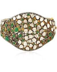 Artisan - 18k Gold With 925 Silver In Bezel Set Rose Cut Diamond & Emerald Marquise Spinal Victorian Bangle - Lyst