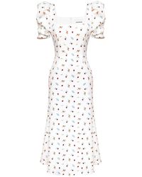 POST MERIDIEM - Berry Print Godet Silhouette Square Neck Midi Dress - Lyst