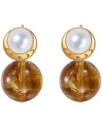 Aurozia - Starry Moon Lunar Phase Vermeil Citrine Pearl & Moon Crystal Stud Earrings - Lyst