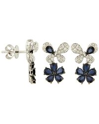 Artisan - Pear Cut Blue Sapphire & Pave Diamond In 18k White Gold Butterfly With Flower Design Dangle Earrings - Lyst