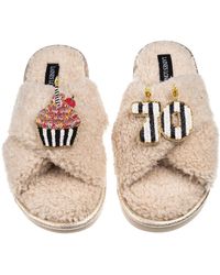 Laines London - Neutrals Laines Neutral Boucle Slippers With Stripe 70Th Birthday & Cake Brooches - Lyst