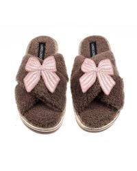 Laines London - Neutrals Laines Neutral Boucle Slippers With Stripe Bow Brooches - Lyst