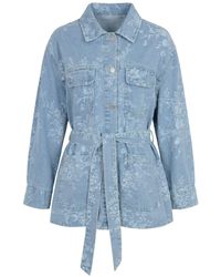 Modenaire - Floral Jacquard Denim Jacket With Belted Waist - Lyst