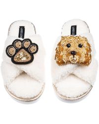 Laines London - Neutrals Laines Neutral Boucle Slippers With Enki Doo The Cockapoo & Paw Brooches - Lyst