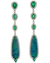 Artisan - Opal Doublet & Pear Cut Emerald With Diamond In 18k White Gold Classic Dangle Earrings - Lyst