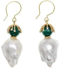 Farra - Baroque Pearl With Malachite Hook Earrings - Lyst