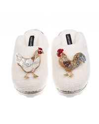 Laines London - Neutrals Teddy Closed Toe Slippers With Chicken & Rooster Brooches - Lyst