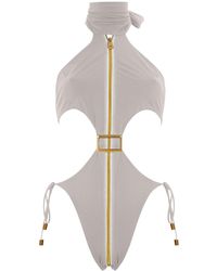 ANTONINIAS - Neutrals Cynosure Cut-out One-piece Swimwear With Golden Details And Zip In Beige - Lyst