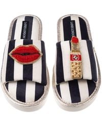 Laines London - Flatform Stripe Open Toe Slippers With Lips & Lipstick Brooches - Lyst