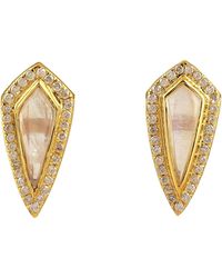 Artisan - Bezel Set Diamond & Kite Shape Moonstone Gemstone In 18k Yellow Gold Stud Earrings - Lyst