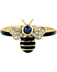 Artisan 18k Yellow Gold Diamond Sapphire Bee Ring Handmade Jewelry - Multicolor