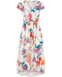 Yumi' - Neutrals Ivory Flower Print Wrap Midi Dress - Lyst