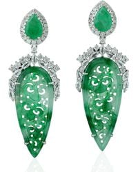 Artisan - 18k White Gold Carving Jade Emerald Sapphire Diamond Earrings - Lyst