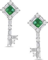 Artisan - 18k White Gold With Baguette Shape Diamond & Emerald Key Design Dangle Earrings - Lyst