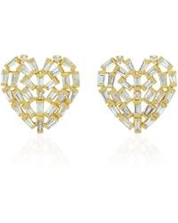 Artisan - Baguette Diamond Heart Shape Stud Earrings Yellow Gold Handmade Jewelry - Lyst