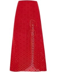 Pcfg - The Broderie Anglaise Edit Embroidered Midi Skirt With Side Slit & Ribbon Tie - Lyst