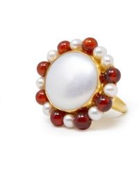 Vintouch Italy - Lotus Gold-plated Pearl And Carnelian Ring - Lyst