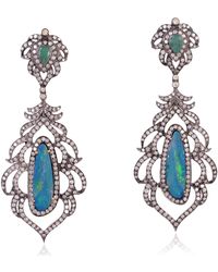 Artisan - 925 Sterling Silver & 18k Gold Pave Diamond Dangle Earrings Opal Doublet Emerald Gemstone Jewelry - Lyst