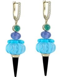 Artisan - 14K Swiss Topaz, Emerald, Tanzanite, Carved & Diamond Huggie Earrings - Lyst